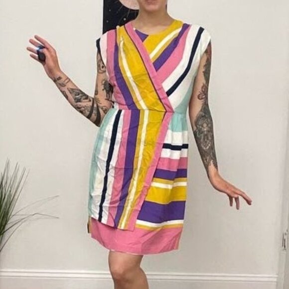 Slate & Willow Combo Striped Faux Wrap Dress Cap Sleeve Size 8 Pink/Yellow - Picture 2 of 16